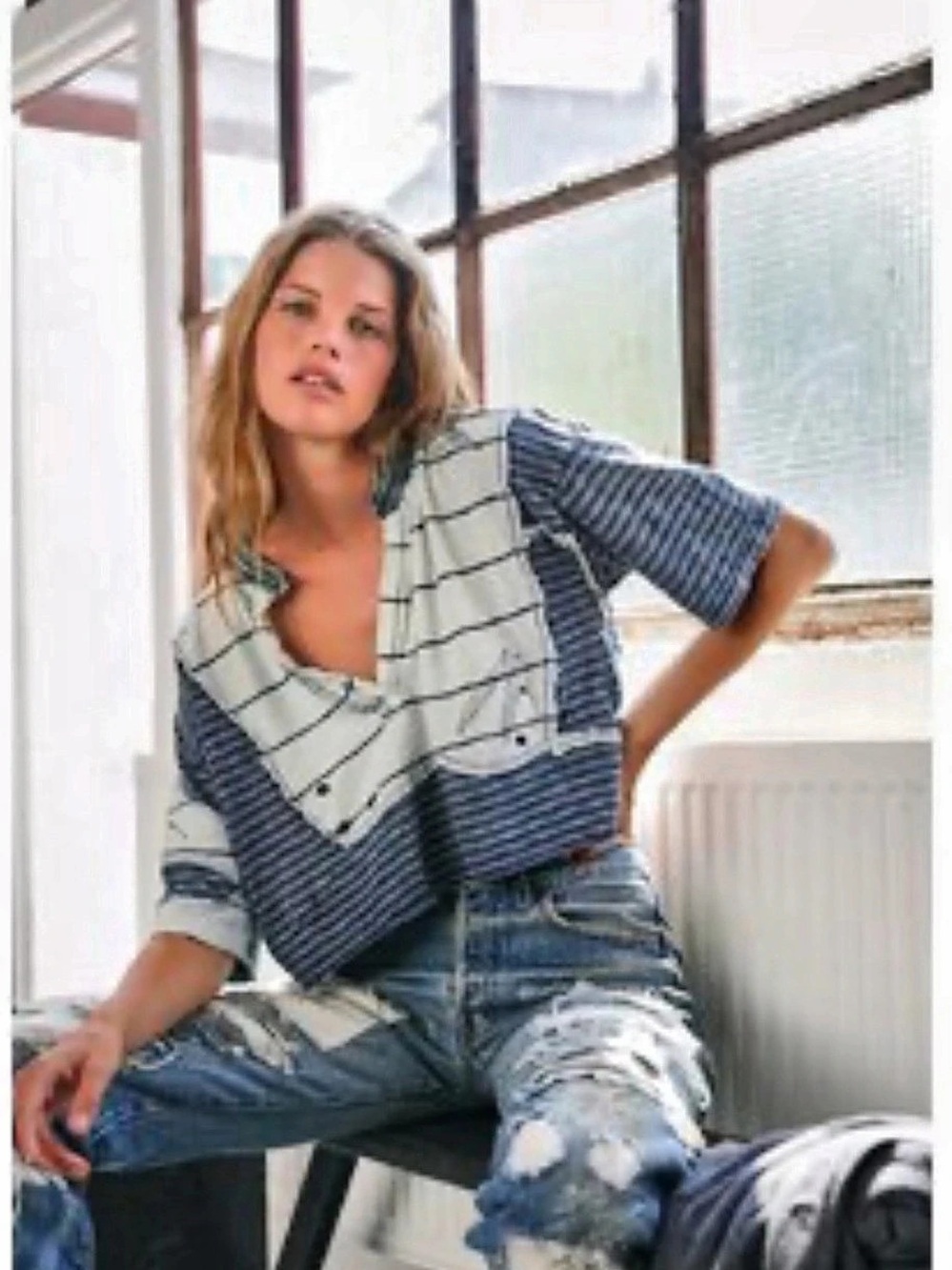 We the Free Summer Stripe Tee Striped Cropped Top White & Blue XS